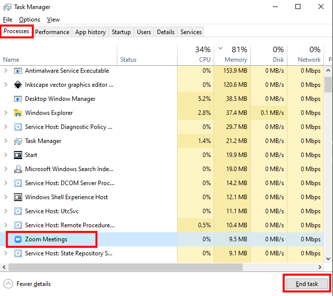 Windows task manager untuk menutup paksa zoom